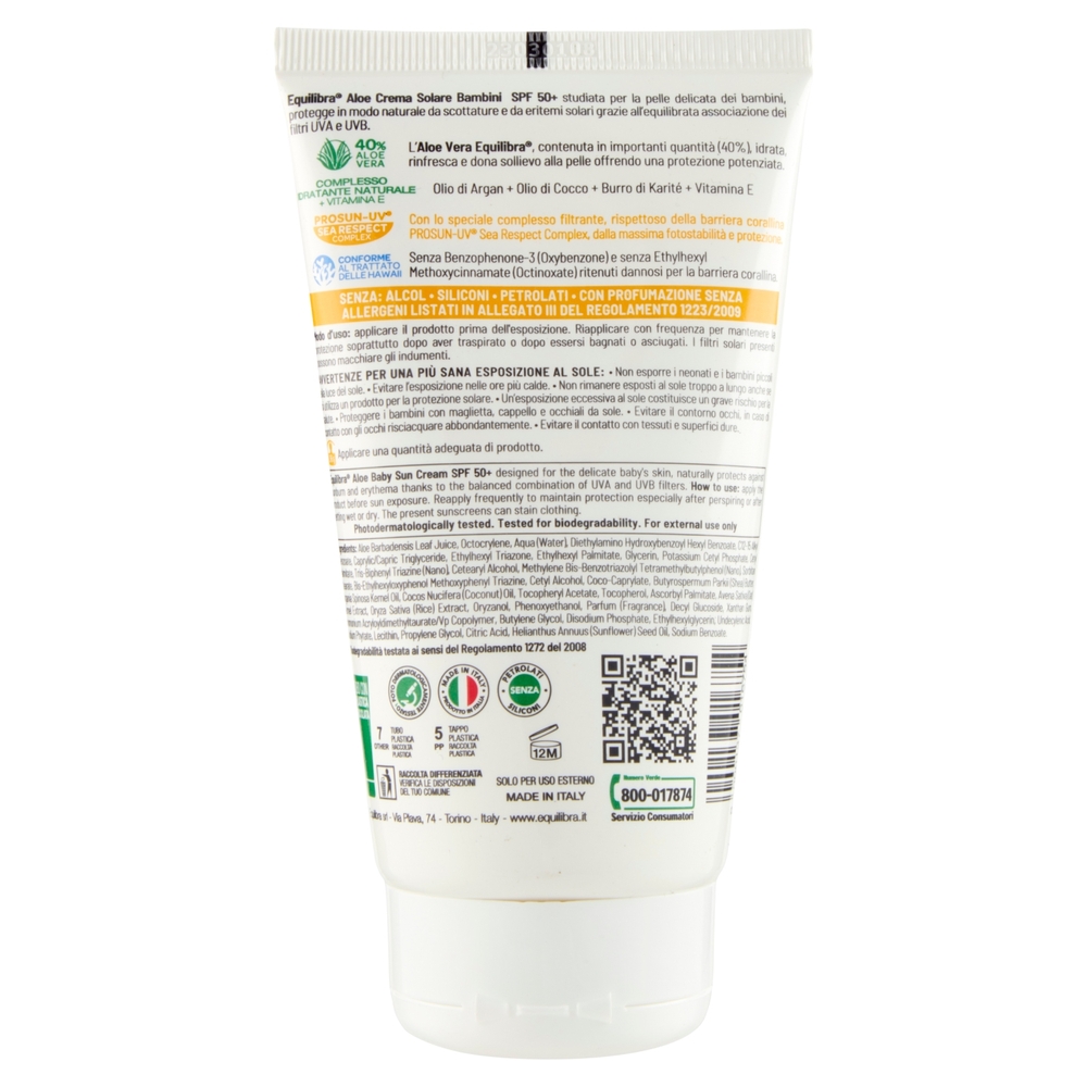equilibra Aloe Crema Solare Bambini 50? SPF Protezione Molto Alta 150 ml